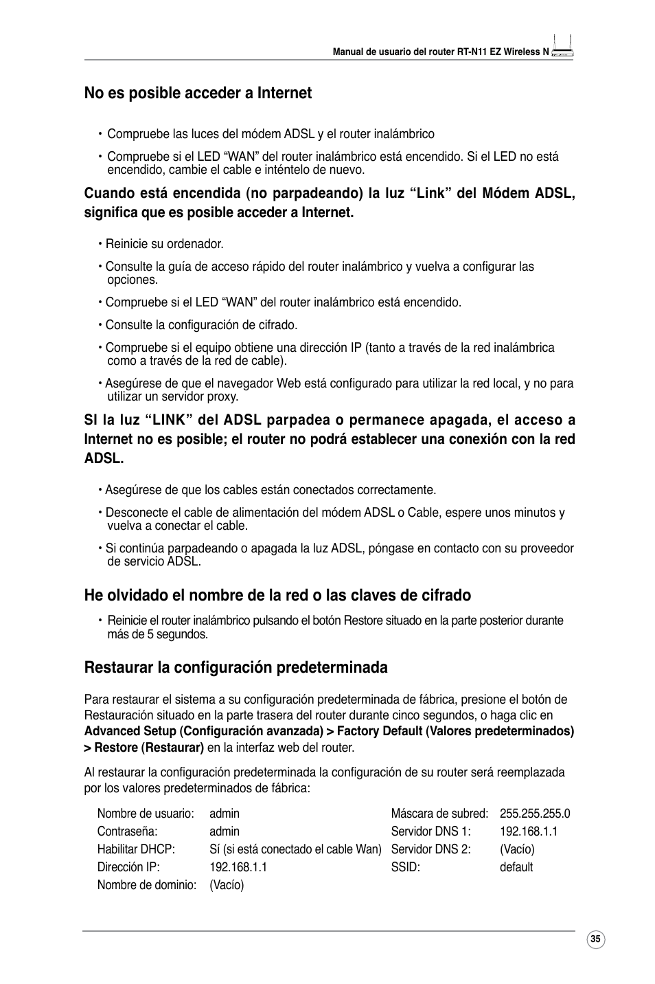 No es posible acceder a internet, Restaurar la configuración predeterminada | Asus RT-N11 User Manual | Page 37 / 40