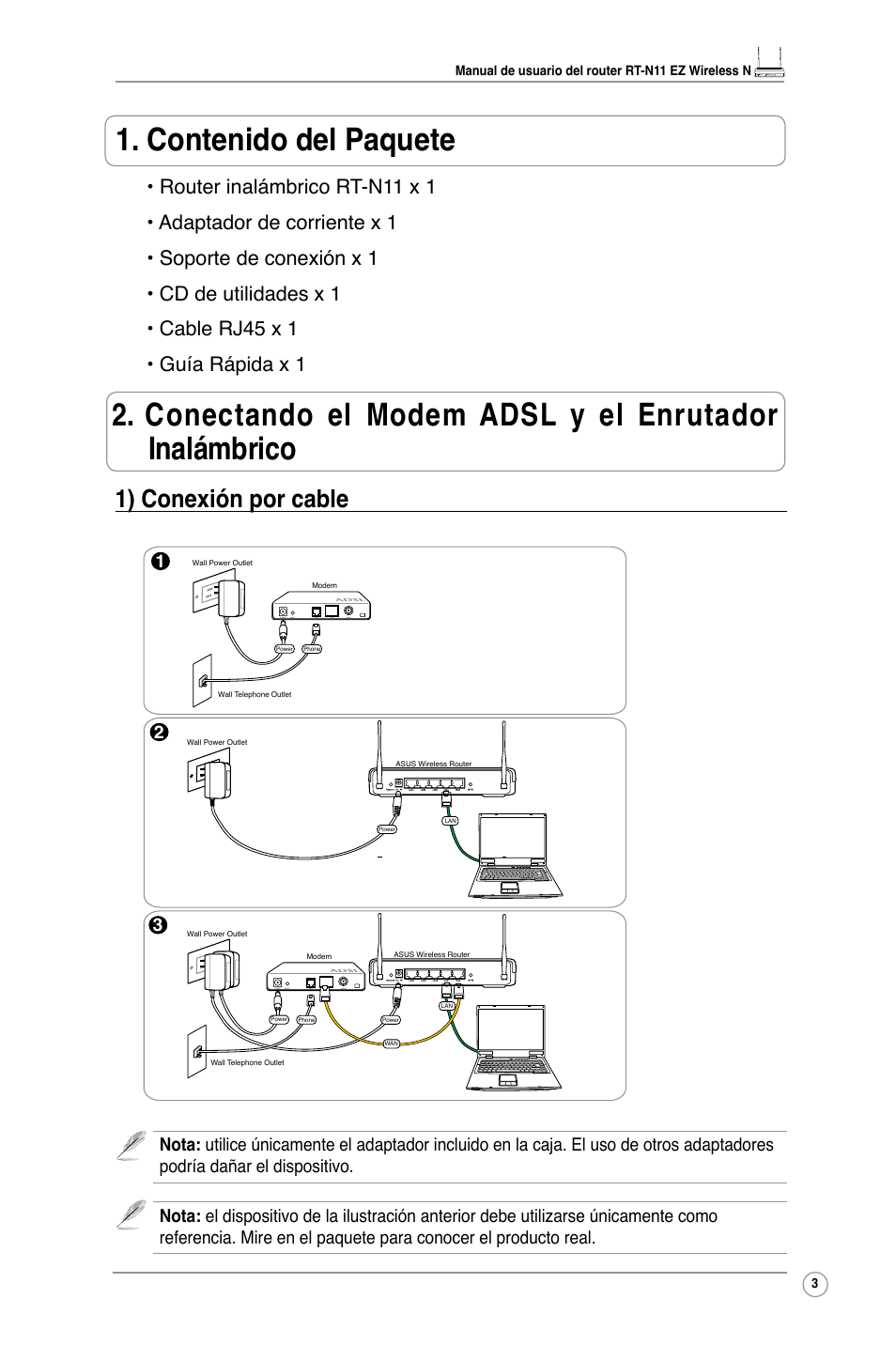 1) conexión por cable | Asus RT-N11 User Manual | Page 5 / 40