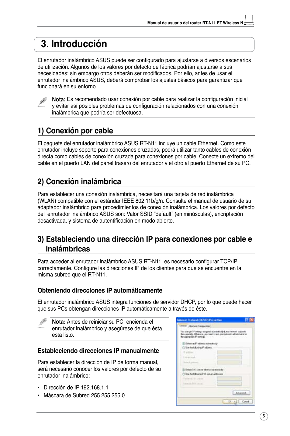 Introducción, 1) conexión por cable, 2) conexión inalámbrica | Asus RT-N11 User Manual | Page 7 / 40