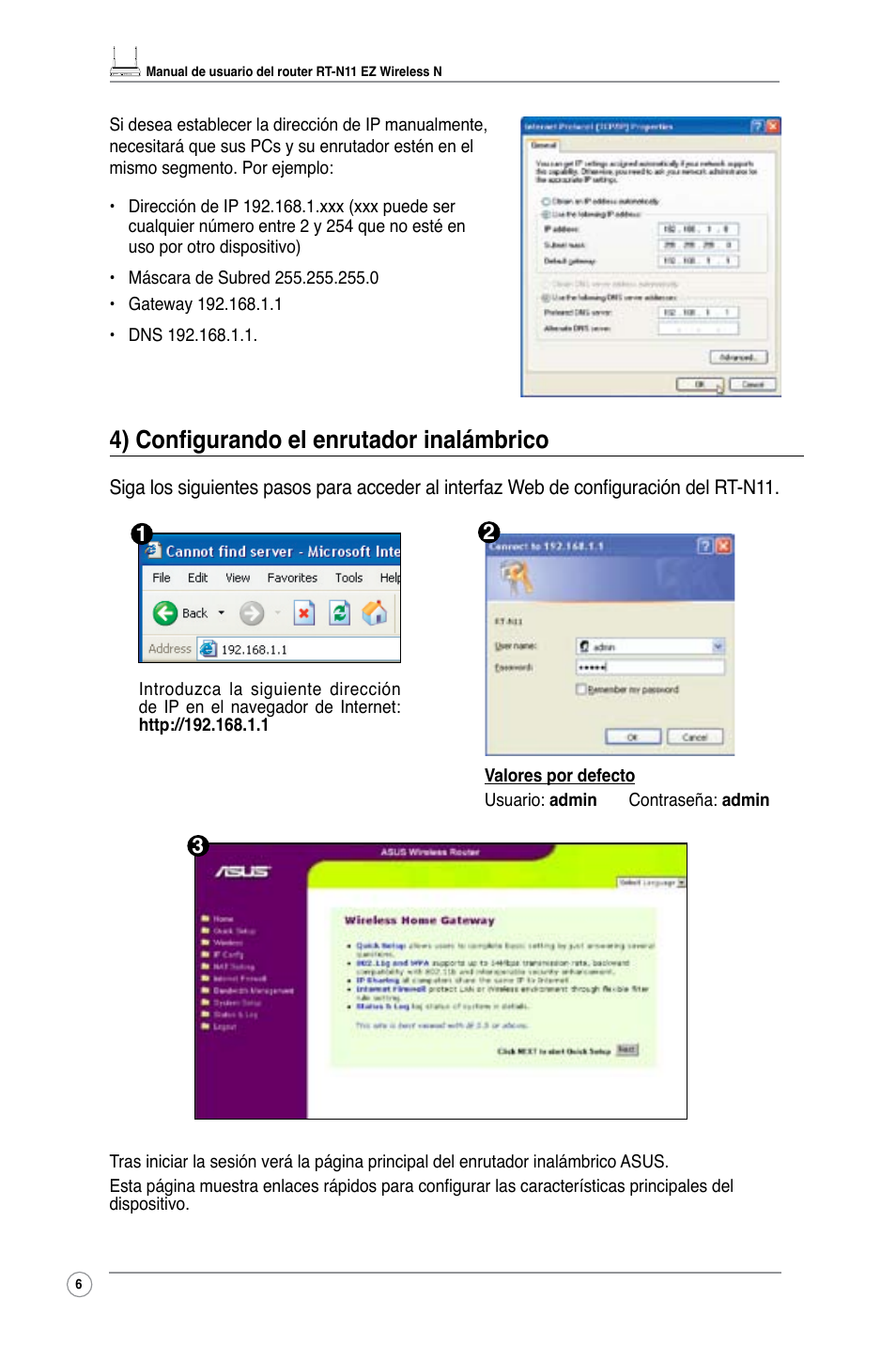 4) configurando el enrutador inalámbrico | Asus RT-N11 User Manual | Page 8 / 40