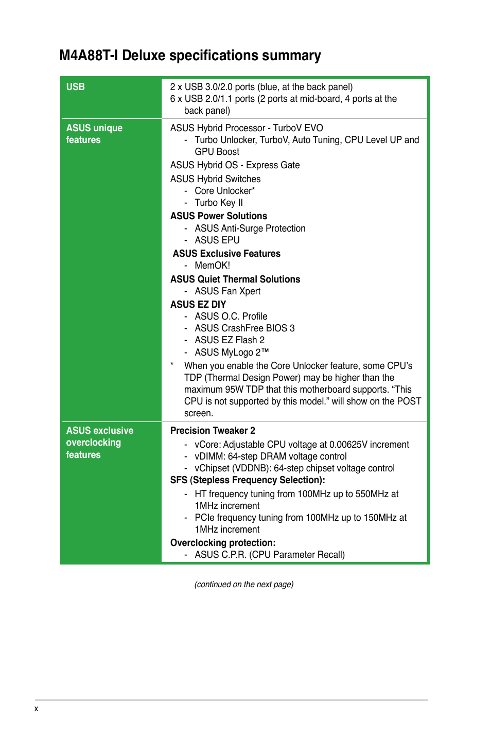 M4a88t-i deluxe specifications summary | Asus M4A88T-I DELUXE User Manual | Page 10 / 70