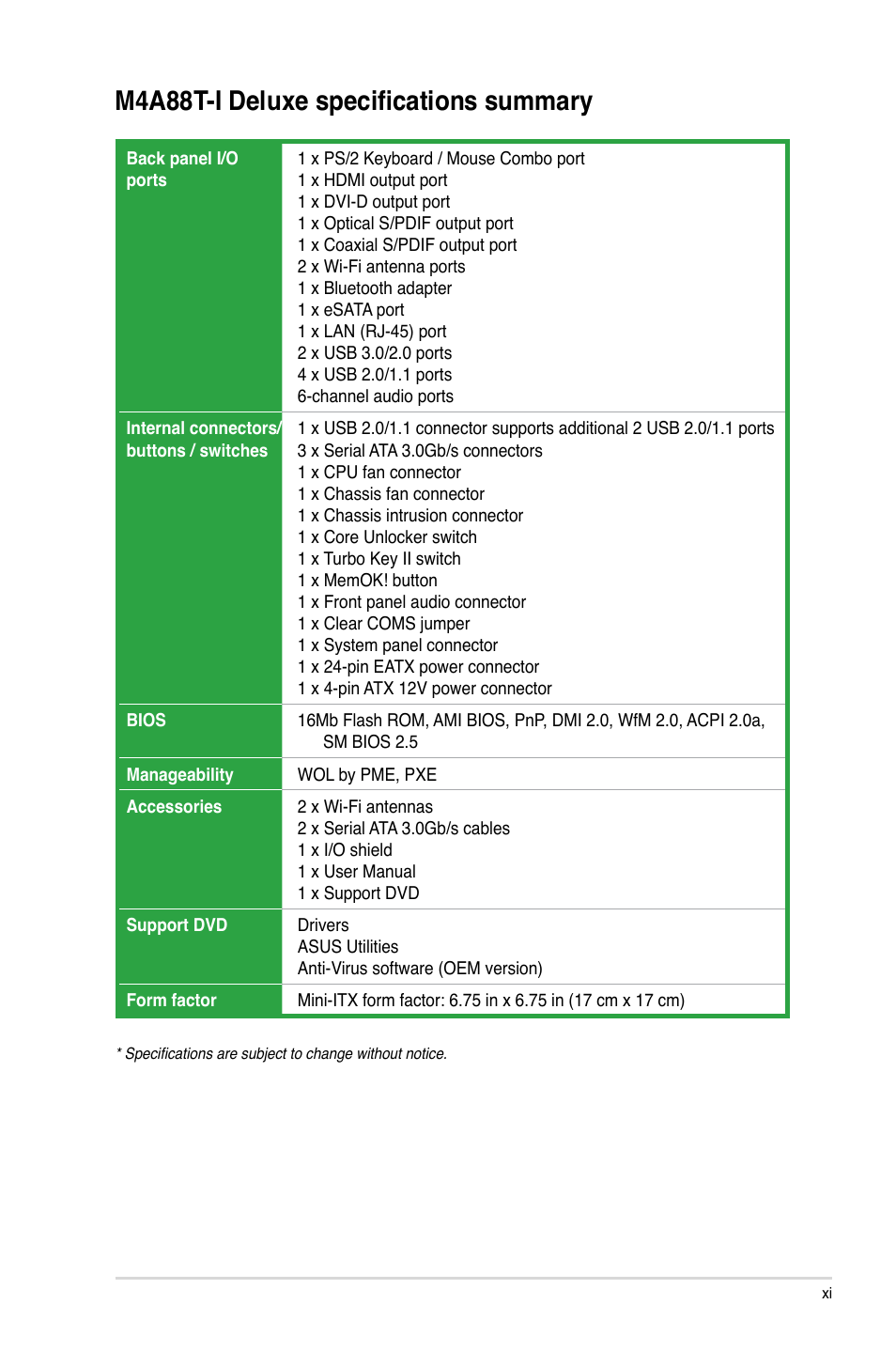 M4a88t-i deluxe specifications summary | Asus M4A88T-I DELUXE User Manual | Page 11 / 70