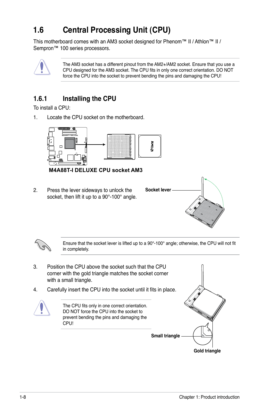 6 central processing unit (cpu), 1 installing the cpu, Central processing unit (cpu) -8 1.6.1 | Installing the cpu -8 | Asus M4A88T-I DELUXE User Manual | Page 20 / 70