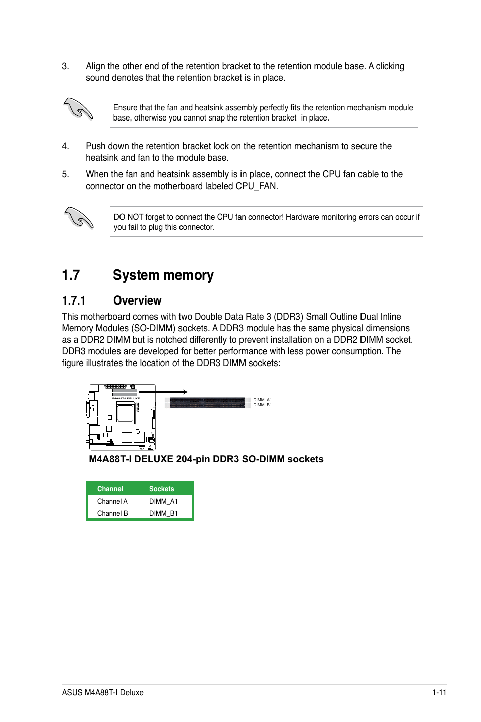 7 system memory, 1 overview, System memory -11 1.7.1 | Overview -11 | Asus M4A88T-I DELUXE User Manual | Page 23 / 70