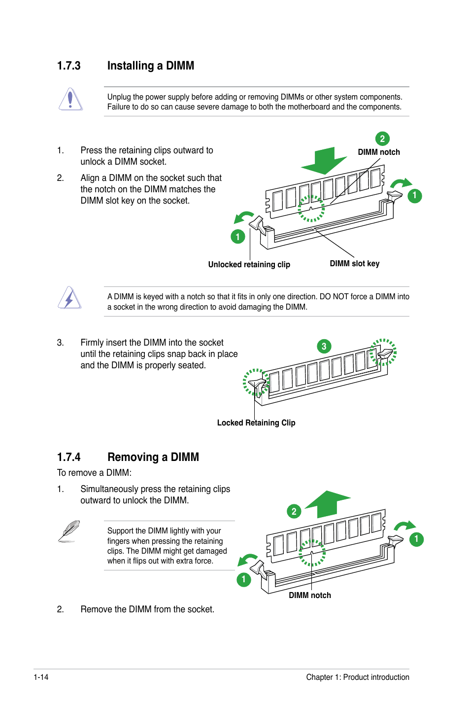 3 installing a dimm, 4 removing a dimm, Installing a dimm -14 | Removing a dimm -14 | Asus M4A88T-I DELUXE User Manual | Page 26 / 70