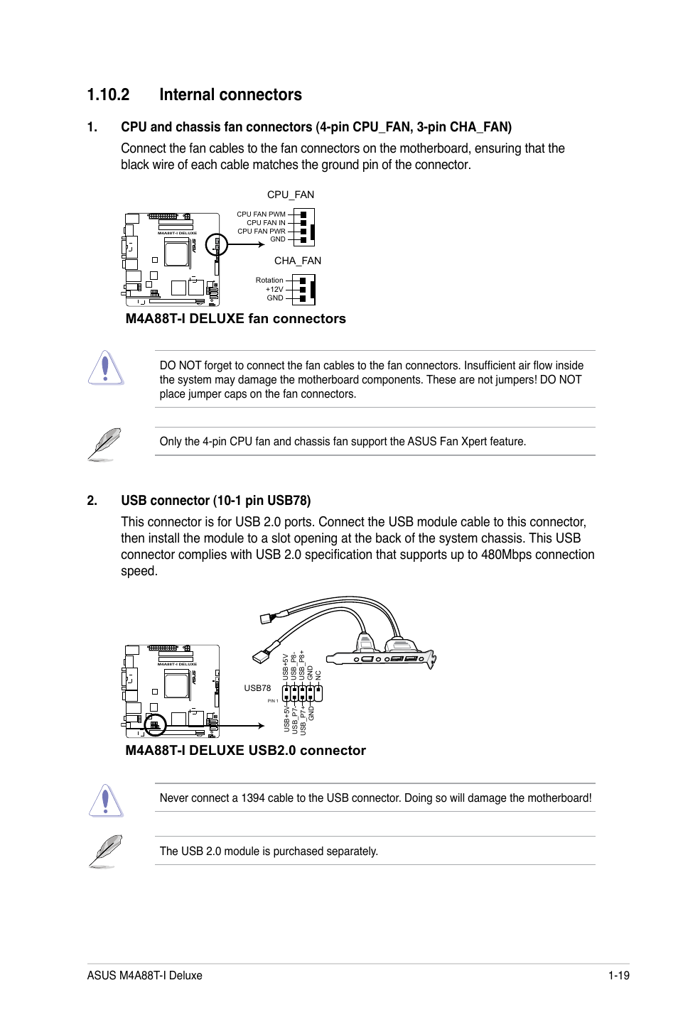 2 internal connectors, 2 internal connectors -19, M4a88t-i deluxe fan connectors | Asus M4A88T-I DELUXE User Manual | Page 31 / 70