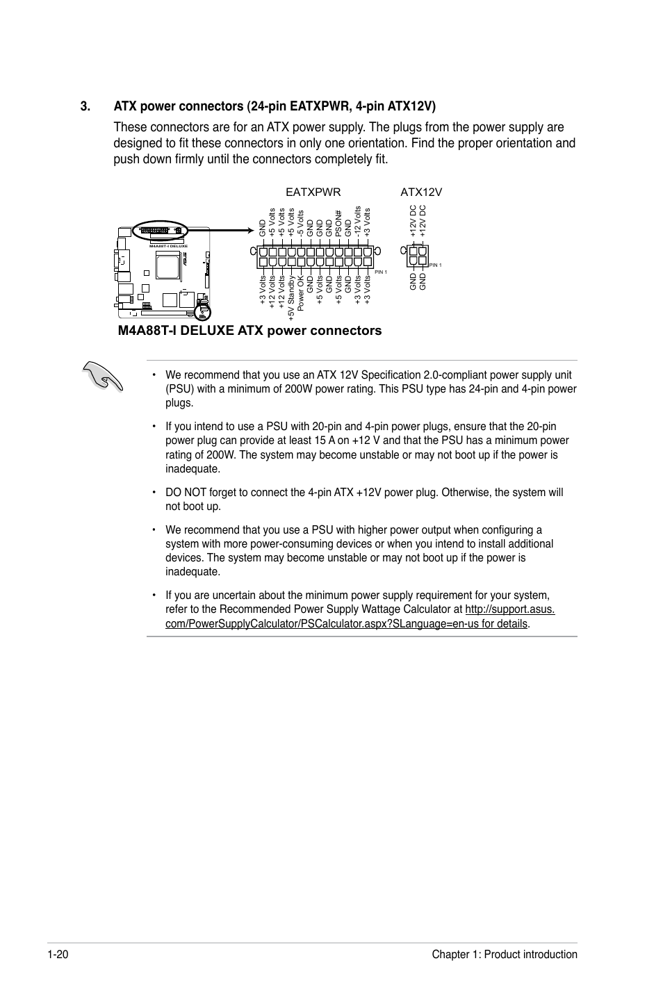 M4a88t-i deluxe atx power connectors | Asus M4A88T-I DELUXE User Manual | Page 32 / 70