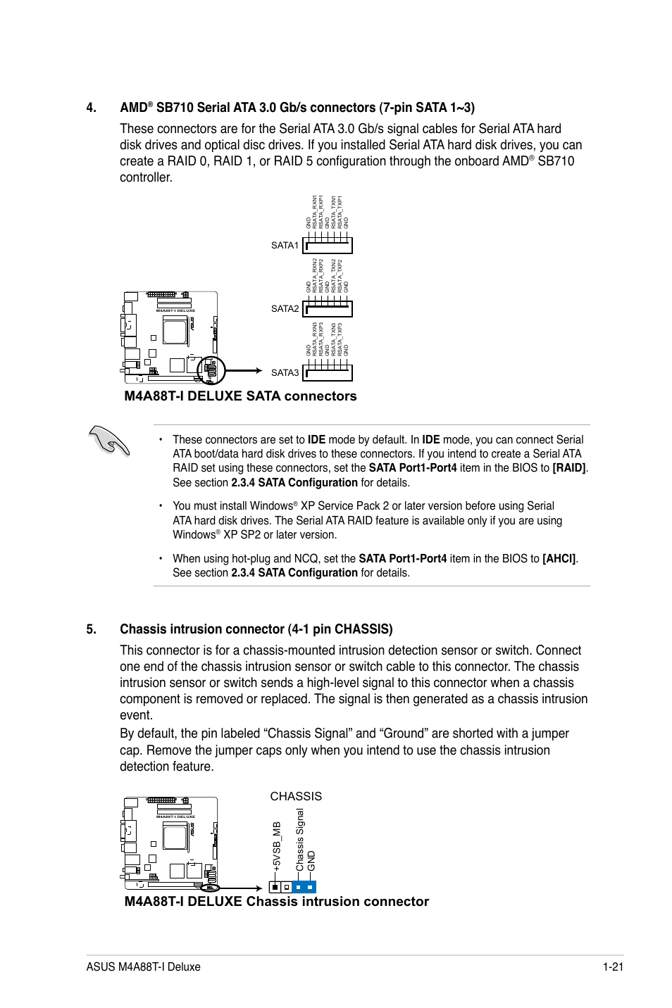 Sb710 controller, M4a88t-i deluxe sata connectors, M4a88t-i deluxe chassis intrusion connector | Chassis | Asus M4A88T-I DELUXE User Manual | Page 33 / 70