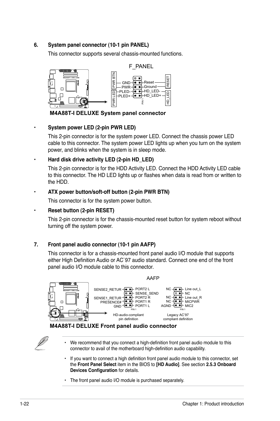 M4a88t-i deluxe system panel connector, F_panel, M4a88t-i deluxe front panel audio connector | Asus M4A88T-I DELUXE User Manual | Page 34 / 70