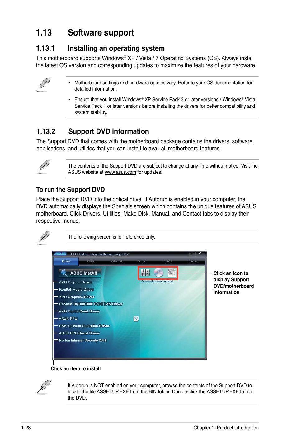 13 software support, 1 installing an operating system, 2 support dvd information | 13 software support -28 | Asus M4A88T-I DELUXE User Manual | Page 40 / 70