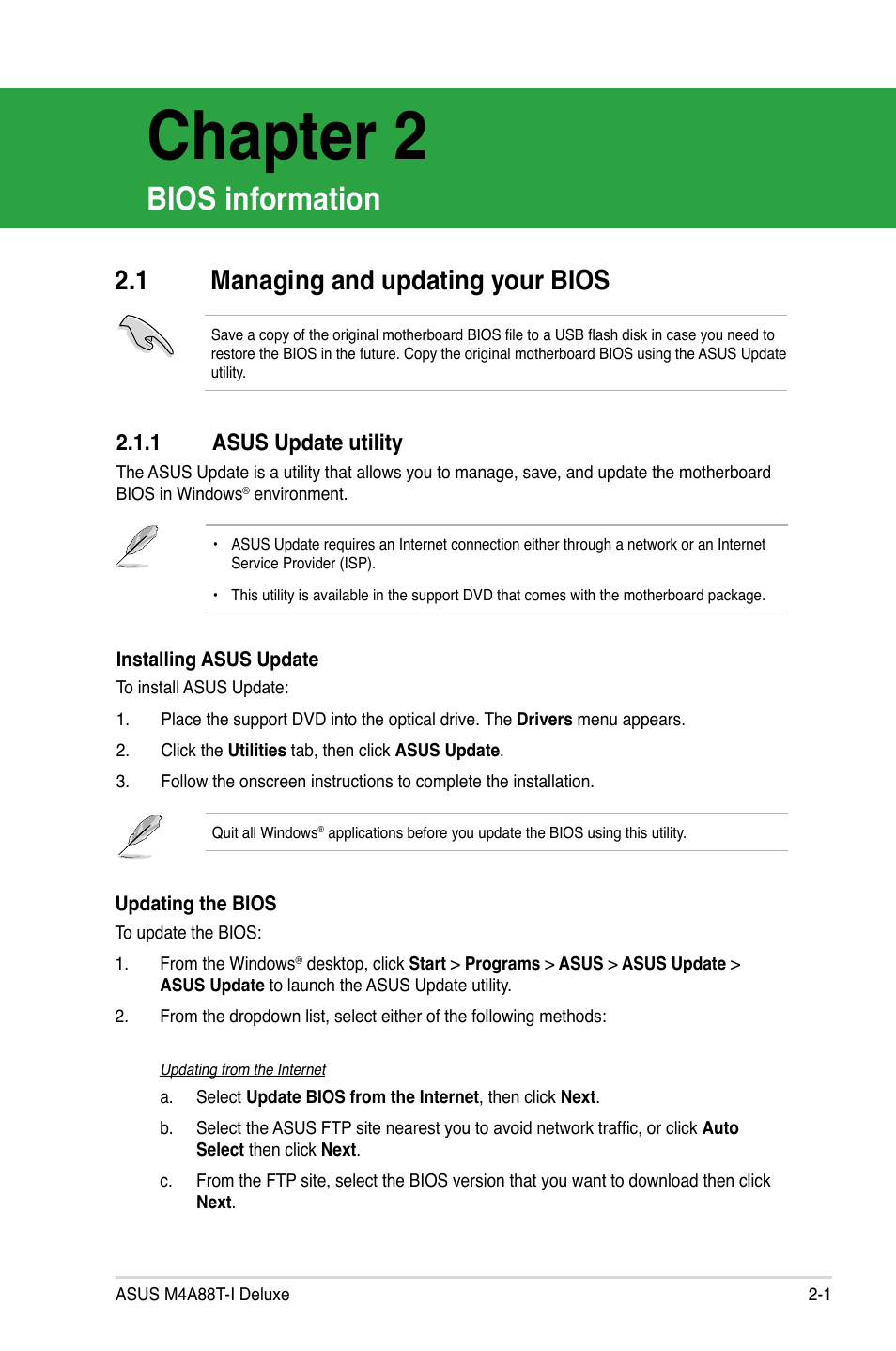 Chapter 2, Bios information, 1 managing and updating your bios | 1 asus update utility, Managing and updating your bios -1 2.1.1, Asus update utility -1 | Asus M4A88T-I DELUXE User Manual | Page 41 / 70