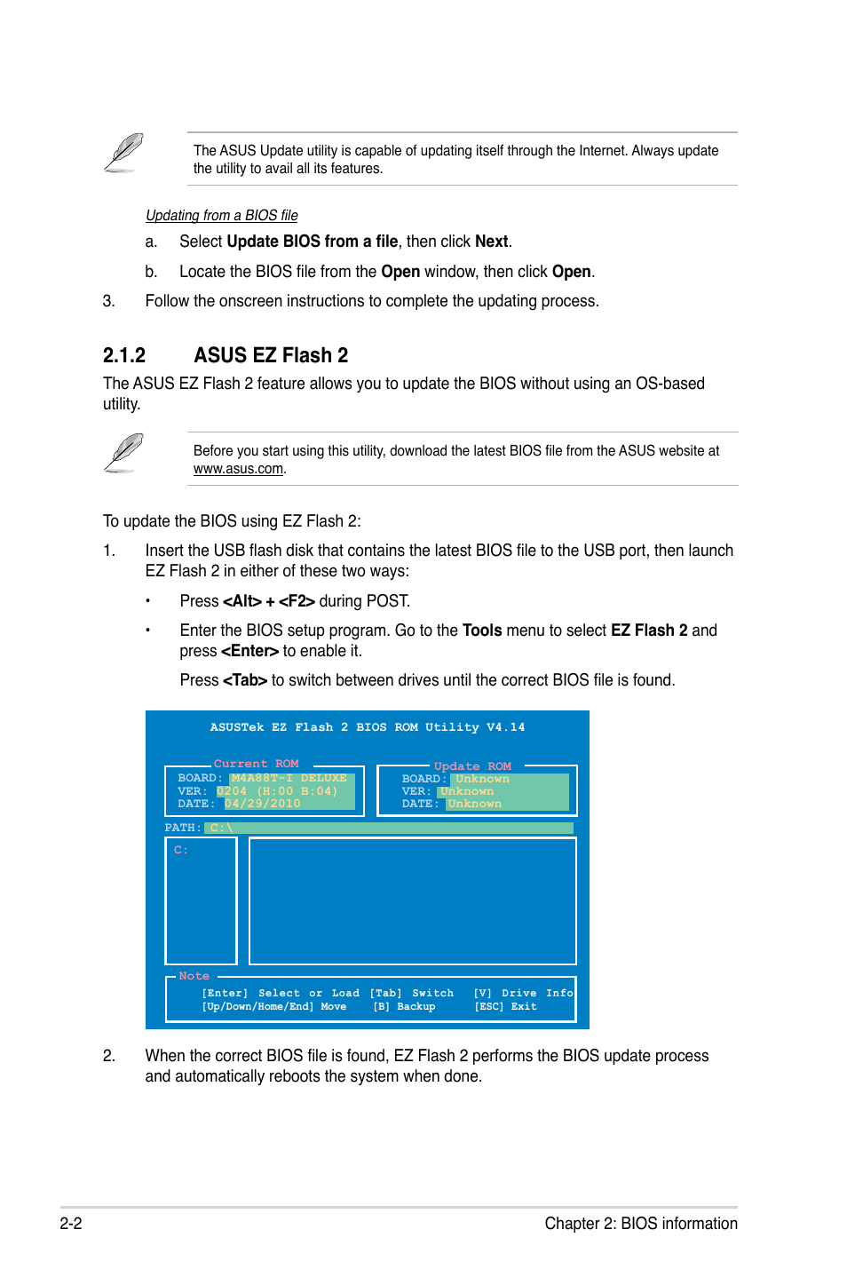 2 asus ez flash 2, Asus ez flash 2 -2 | Asus M4A88T-I DELUXE User Manual | Page 42 / 70