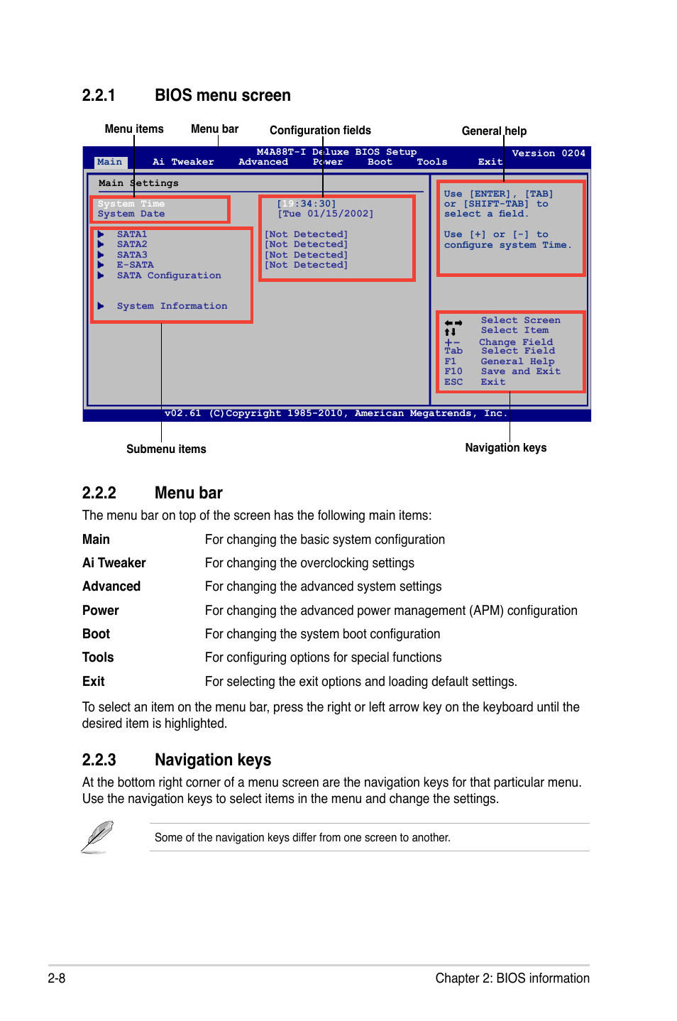 1 bios menu screen, 2 menu bar, 3 navigation keys | Bios menu screen -8, Menu bar -8, Navigation keys -8, 1 bios menu screen 2.2.2 menu bar | Asus M4A88T-I DELUXE User Manual | Page 48 / 70