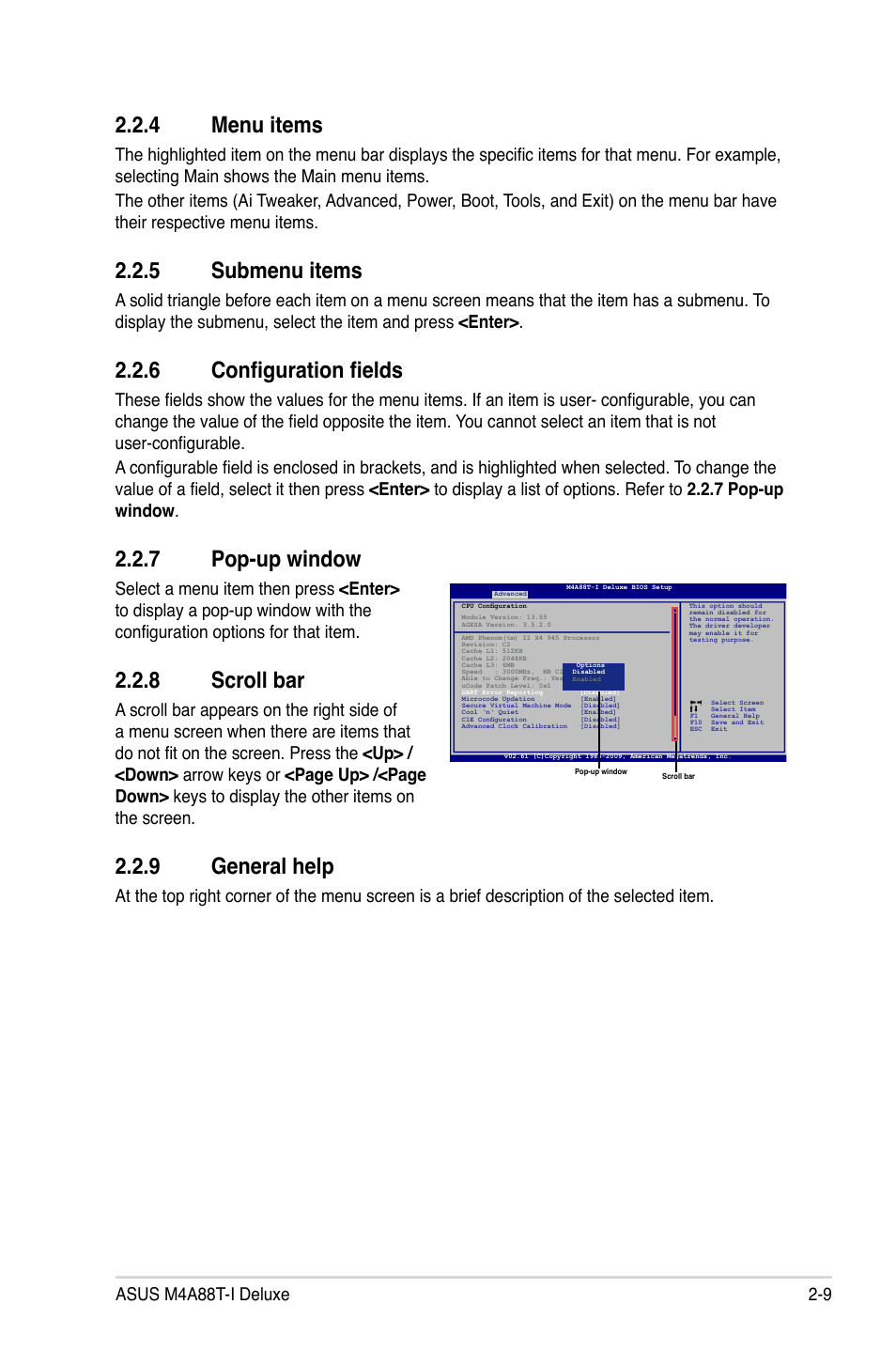 4 menu items, 5 submenu items, 6 configuration fields | 7 pop-up window, 8 scroll bar, 9 general help, Menu items -9, Submenu items -9, Configuration fields -9, Pop-up window -9 | Asus M4A88T-I DELUXE User Manual | Page 49 / 70