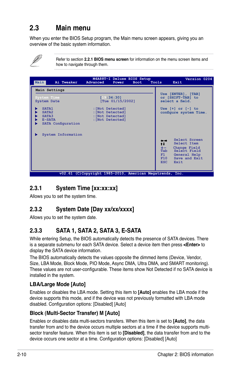 3 main menu, 1 system time [xx:xx:xx, 2 system date [day xx/xx/xxxx | 3 sata 1, sata 2, sata 3, e-sata, Main menu -10 2.3.1, System time [xx:xx:xx] -10, System date [day xx/xx/xxxx] -10, Sata 1, sata 2, sata 3, e-sata -10, Lba/large mode [auto, Block (multi-sector transfer) m [auto | Asus M4A88T-I DELUXE User Manual | Page 50 / 70
