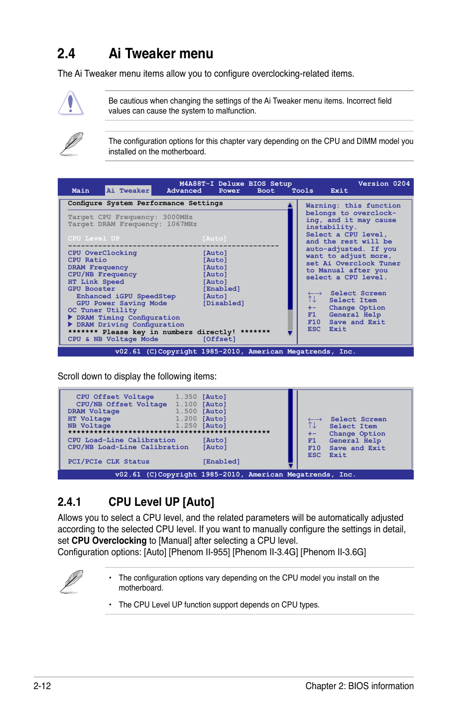 4 ai tweaker menu, 1 cpu level up [auto, Ai tweaker menu -12 2.4.1 | Cpu level up [auto] -12, 12 chapter 2: bios information, Scroll down to display the following items | Asus M4A88T-I DELUXE User Manual | Page 52 / 70