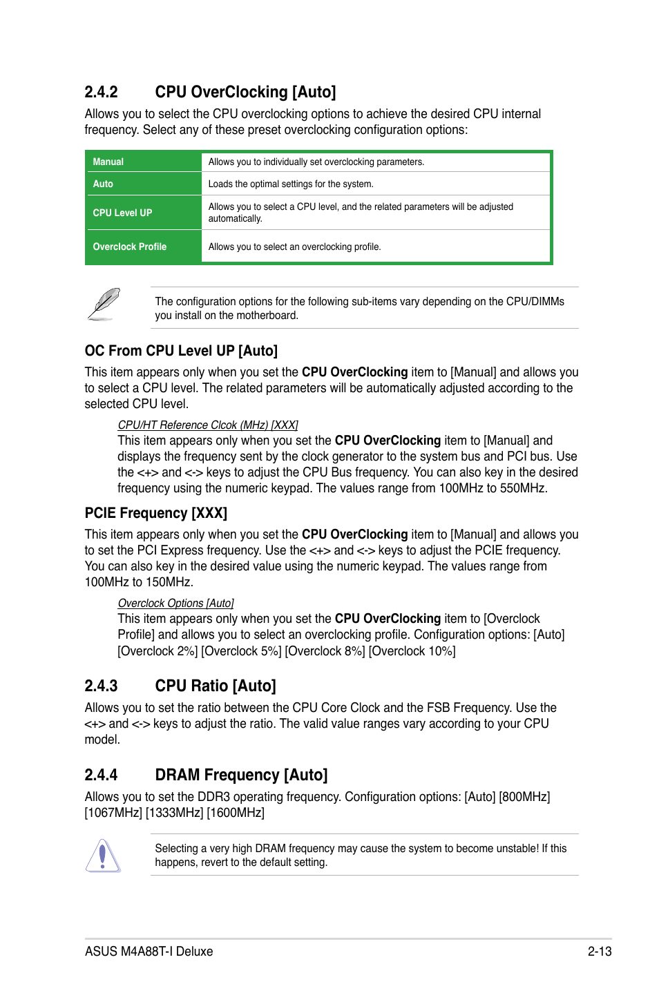 2 cpu overclocking [auto, 3 cpu ratio [auto, 4 dram frequency [auto | Cpu overclocking [auto] -13, Cpu ratio [auto] -13, Dram frequency [auto] -13 | Asus M4A88T-I DELUXE User Manual | Page 53 / 70