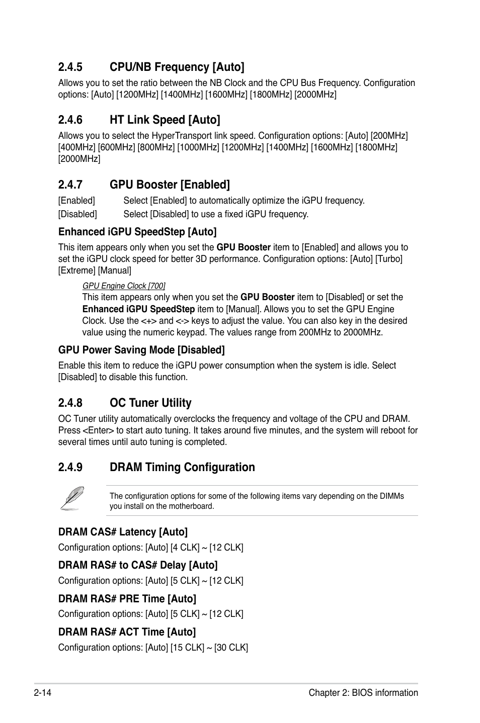 5 cpu/nb frequency [auto, 6 ht link speed [auto, 7 gpu booster [enabled | 8 oc tuner utility, 9 dram timing configuration, Cpu/nb frequency [auto] -14, Ht link speed [auto] -14, Gpu booster [enabled] -14, Oc tuner utility -14, Dram timing configuration -14 | Asus M4A88T-I DELUXE User Manual | Page 54 / 70