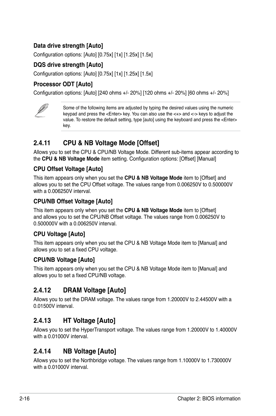 11 cpu & nb voltage mode [offset, 12 dram voltage [auto, 13 ht voltage [auto | 14 nb voltage [auto | Asus M4A88T-I DELUXE User Manual | Page 56 / 70