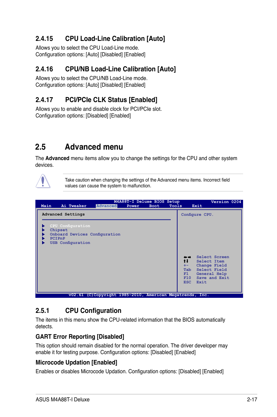 15 cpu load-line calibration [auto, 16 cpu/nb load-line calibration [auto, 17 pci/pcie clk status [enabled | 5 advanced menu, 1 cpu configuration, Advanced menu -17 2.5.1, Cpu configuration -17 | Asus M4A88T-I DELUXE User Manual | Page 57 / 70