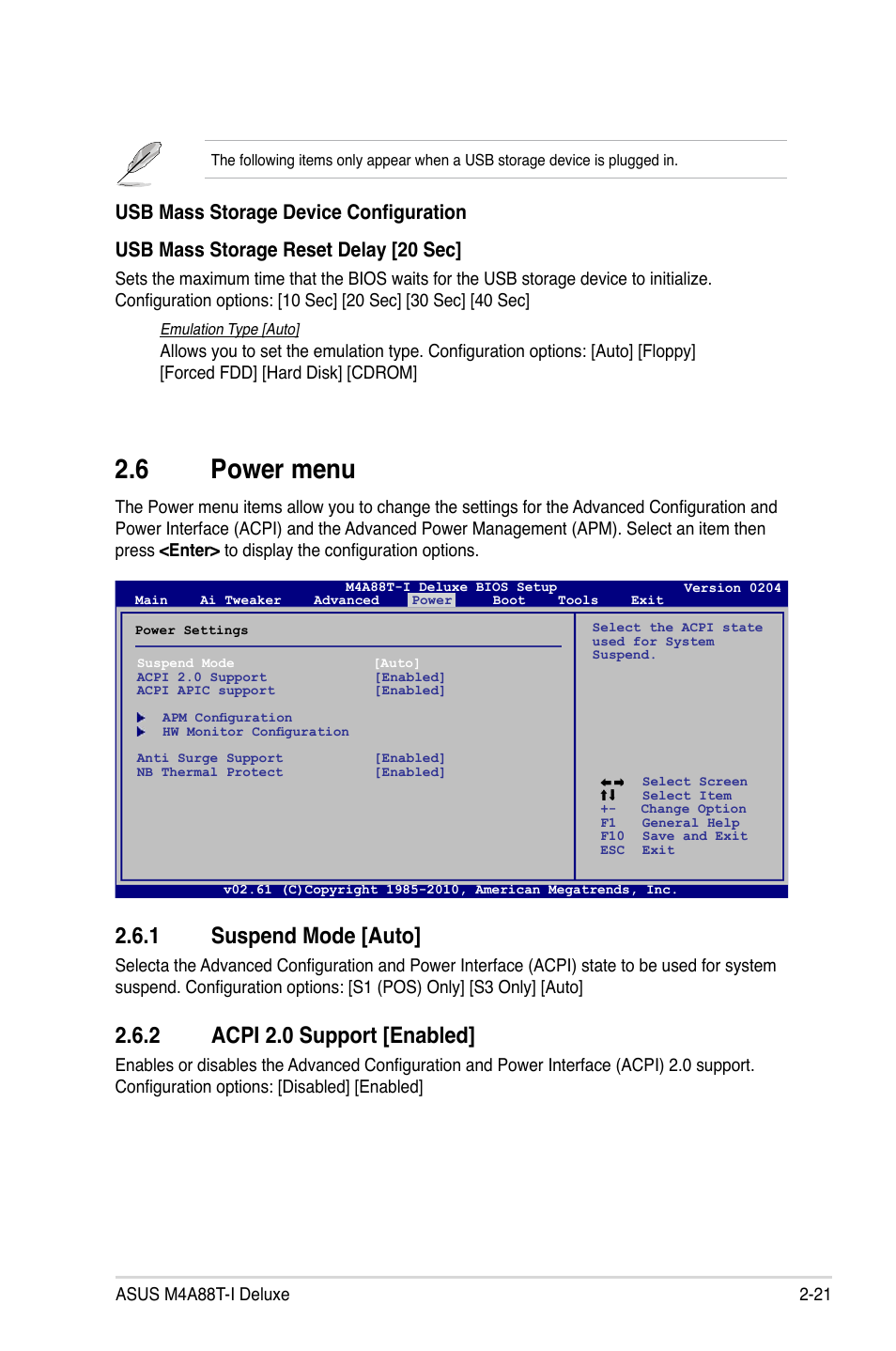 6 power menu, 1 suspend mode [auto, 2 acpi 2.0 support [enabled | Power menu -21 2.6.1, Suspend mode [auto] -21, Acpi 2.0 support [enabled] -21 | Asus M4A88T-I DELUXE User Manual | Page 61 / 70