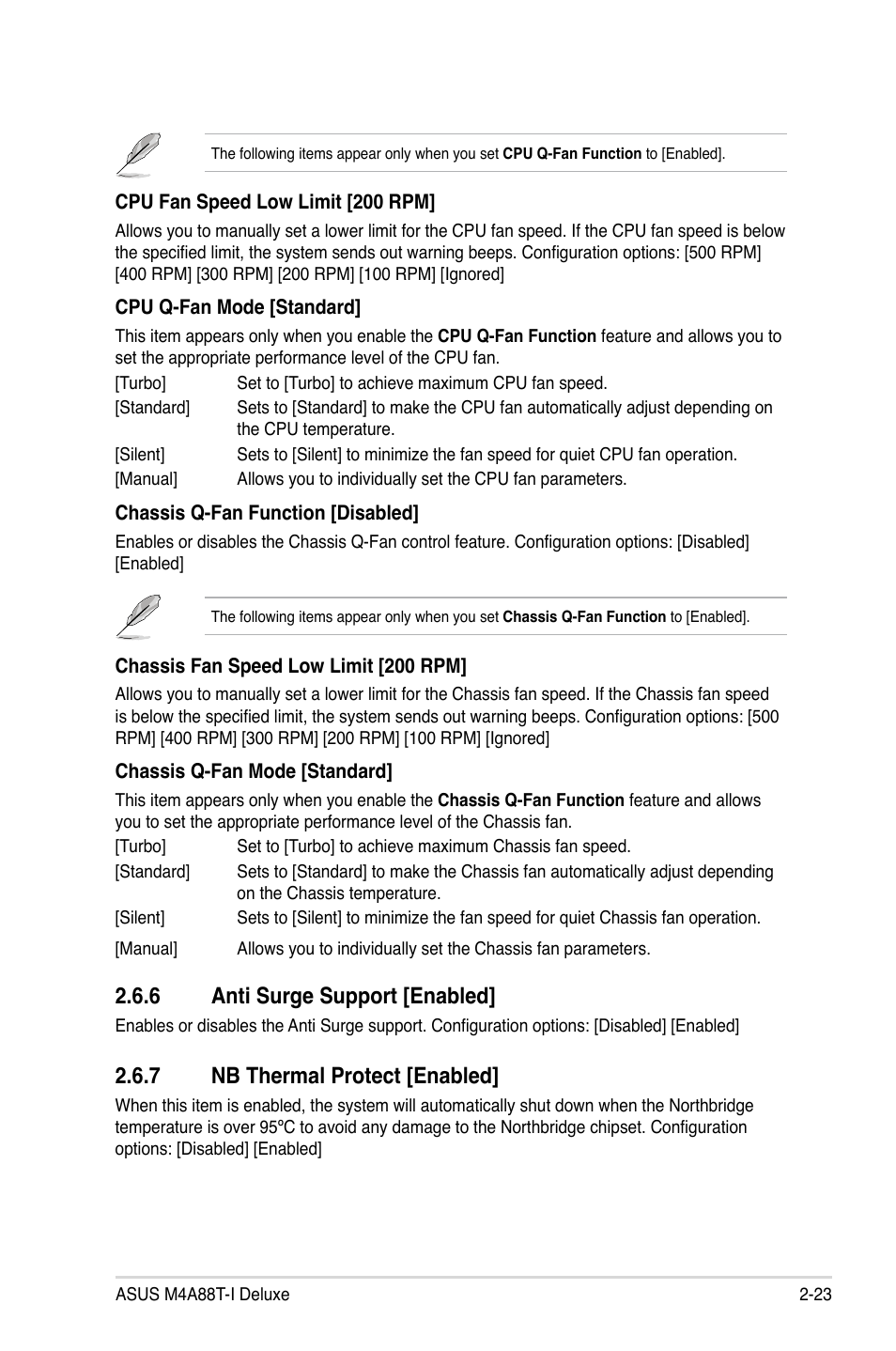 6 anti surge support [enabled, 7 nb thermal protect [enabled, Anti surge support [enabled] -23 | Nb thermal protect [enabled] -23 | Asus M4A88T-I DELUXE User Manual | Page 63 / 70