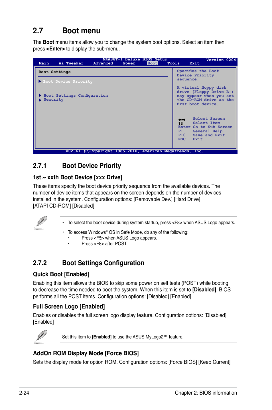 7 boot menu, 1 boot device priority, 2 boot settings configuration | Boot menu -24 2.7.1, Boot device priority -24, Boot settings configuration -24, 1st ~ xxth boot device [xxx drive, Quick boot [enabled, Full screen logo [enabled, Addon rom display mode [force bios | Asus M4A88T-I DELUXE User Manual | Page 64 / 70