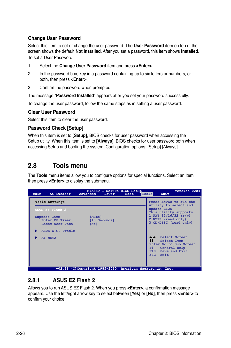 8 tools menu, 1 asus ez flash 2, Tools menu -26 2.8.1 | Asus ez flash 2 -26, Change user password, Clear user password, Password check [setup | Asus M4A88T-I DELUXE User Manual | Page 66 / 70