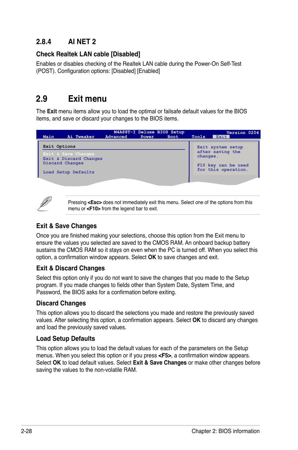 4 ai net 2, 9 exit menu, Ai net 2 -28 | Exit menu -28, Check realtek lan cable [disabled, Exit & save changes, Exit & discard changes, Discard changes, Load setup defaults | Asus M4A88T-I DELUXE User Manual | Page 68 / 70