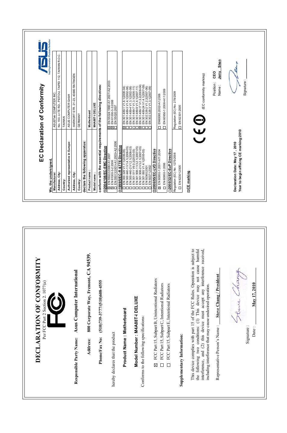 Declaration of conformity, Ec declaration of conformity, Asu s c om pu te r in te rn at io na l | Asus M4A88T-I DELUXE User Manual | Page 70 / 70
