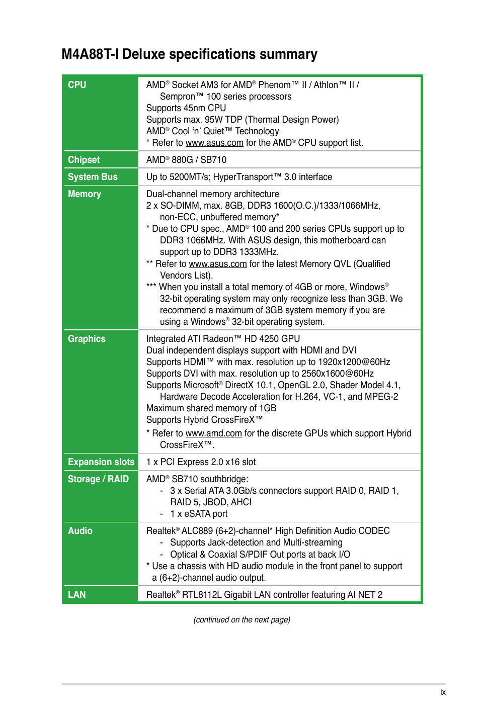 M4a88t-i deluxe specifications summary | Asus M4A88T-I DELUXE User Manual | Page 9 / 70