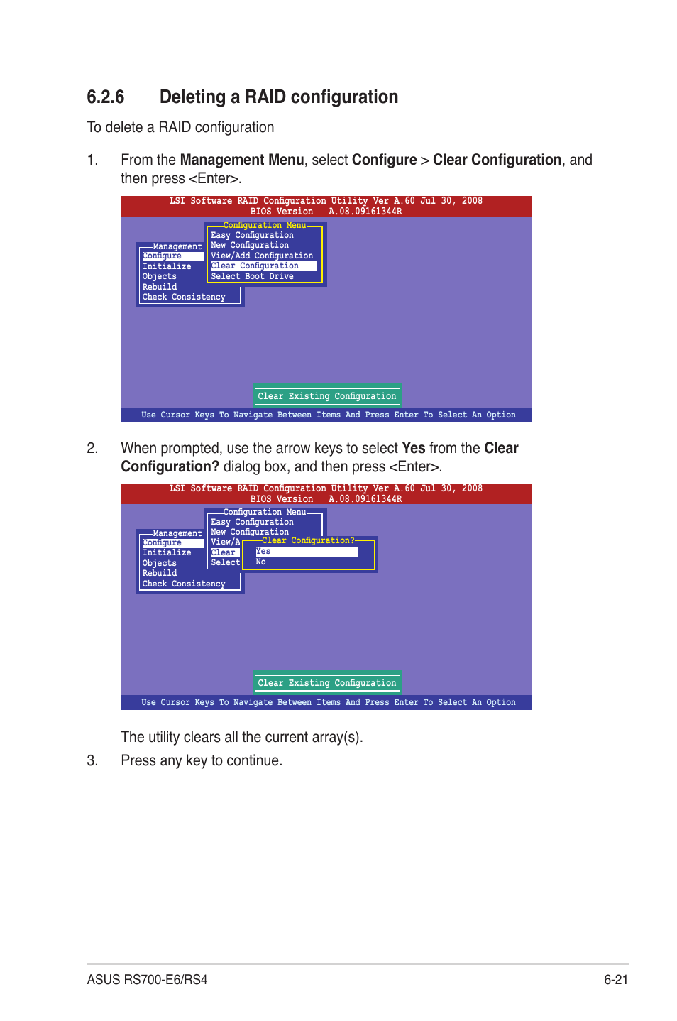 6 deleting a raid configuration, Deleting a raid configuration -21 | Asus RS700-E6/RS4 User Manual | Page 105 / 138