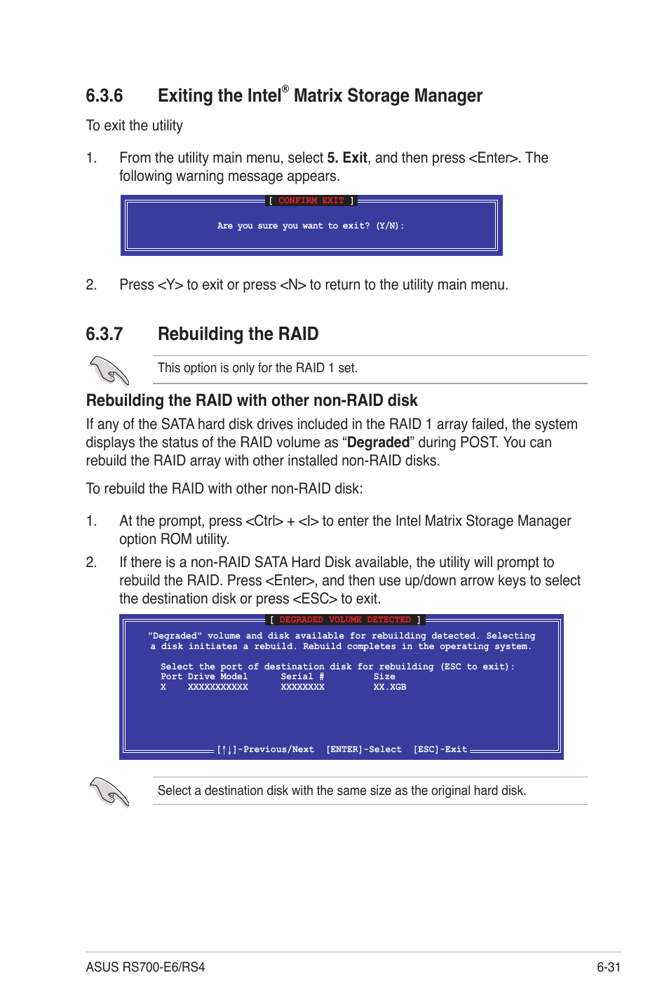 6 exiting the intel® matrix storage manager, 7 rebuilding the raid, Exiting the intel | Matrix storage manager -31, Rebuilding the raid -31, 6 exiting the intel, Matrix storage manager, Rebuilding the raid with other non-raid disk | Asus RS700-E6/RS4 User Manual | Page 115 / 138