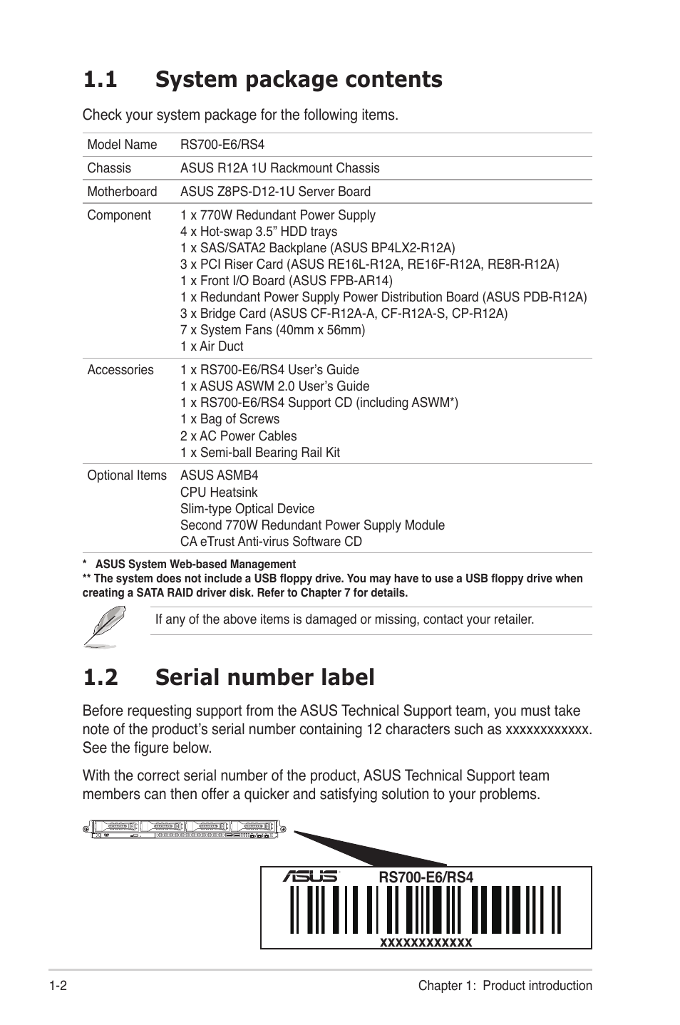 1 system package contents, 2 serial number label, System package contents -2 | Serial number label -2 | Asus RS700-E6/RS4 User Manual | Page 12 / 138