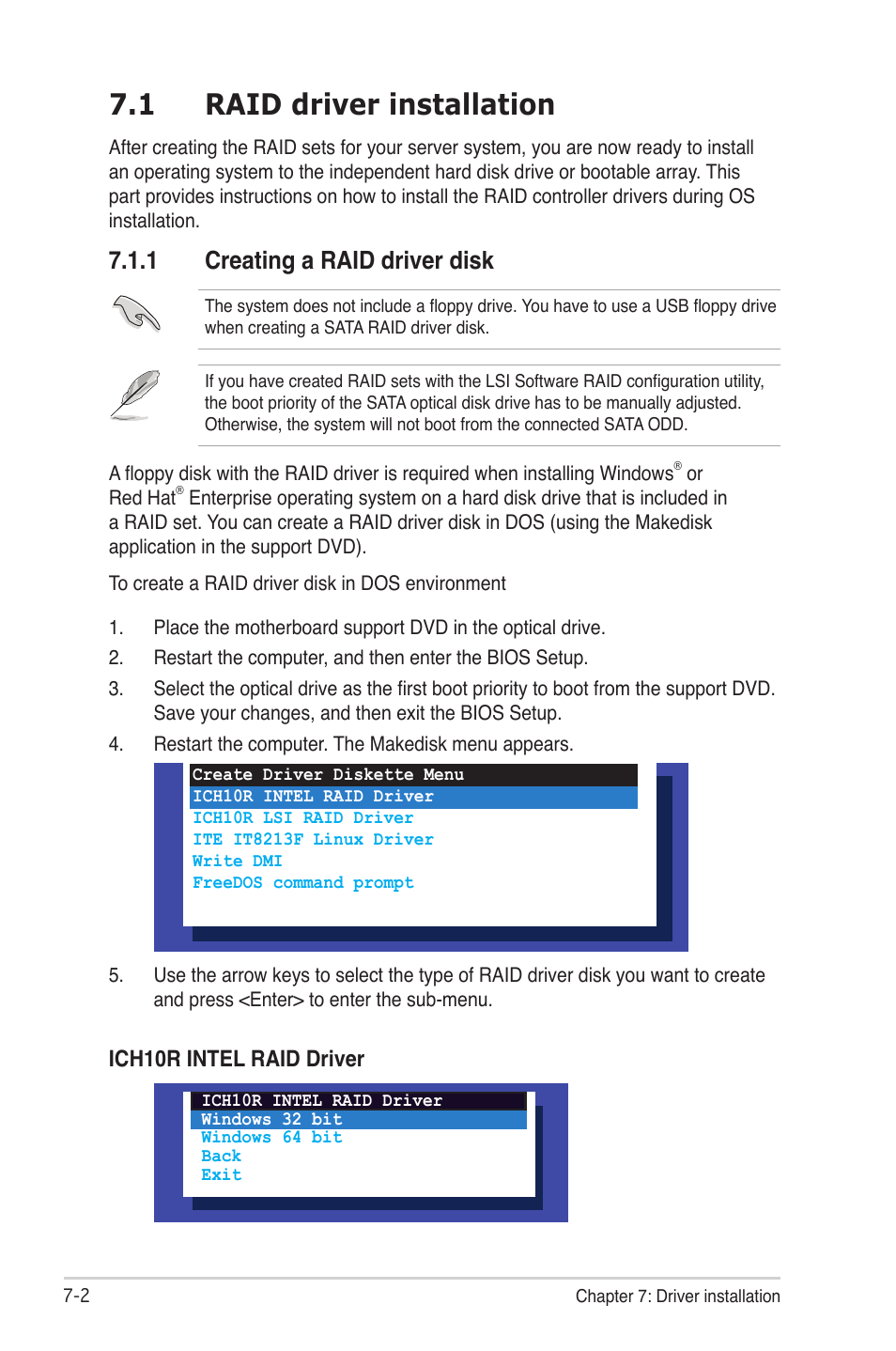 1 raid driver installation, 1 creating a raid driver disk, Raid driver installation -2 7.1.1 | Creating a raid driver disk -2, Ich10r intel raid driver | Asus RS700-E6/RS4 User Manual | Page 120 / 138