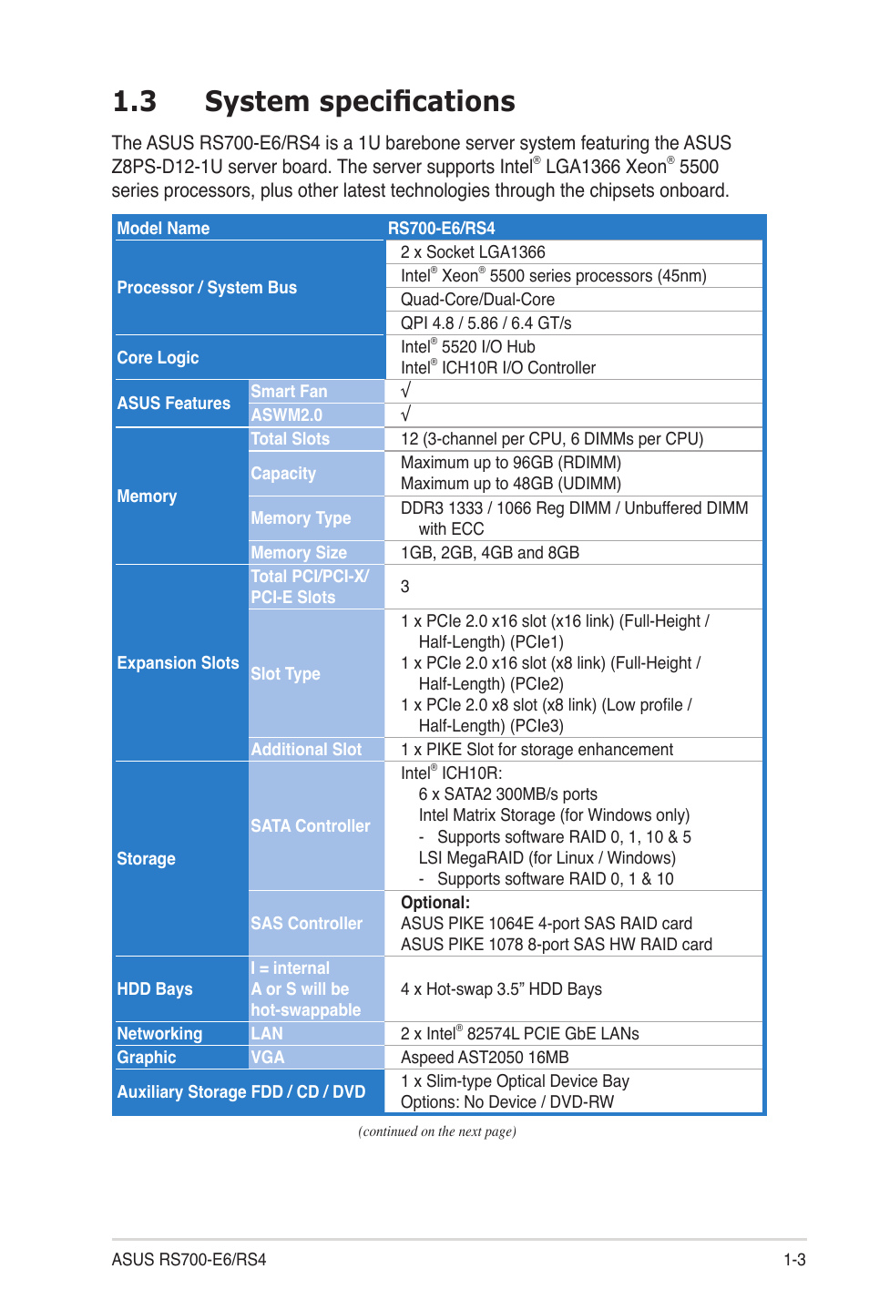 3 system specifications, System specifications -3 | Asus RS700-E6/RS4 User Manual | Page 13 / 138