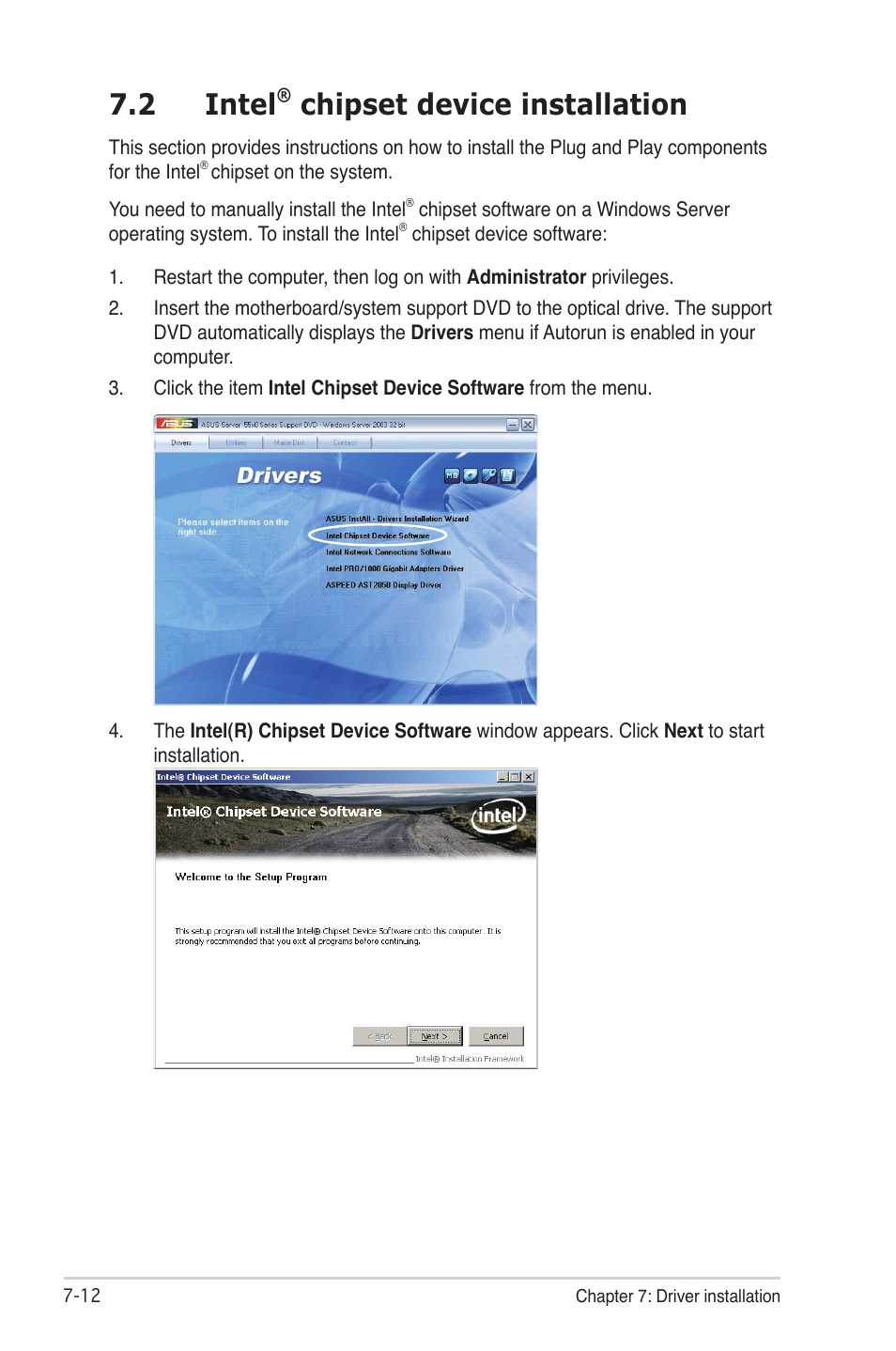 2 intel® chipset device installation, Intel, Chipset device installation -12 | 2 intel, Chipset device installation | Asus RS700-E6/RS4 User Manual | Page 130 / 138
