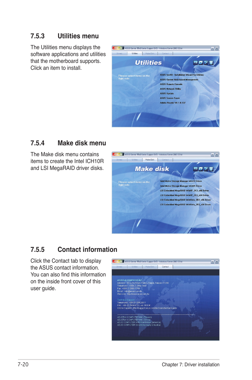 3 utilities menu, 4 make disk menu, 5 contact information | Utilities menu -20, Make disk menu -20, Contact information -20 | Asus RS700-E6/RS4 User Manual | Page 138 / 138