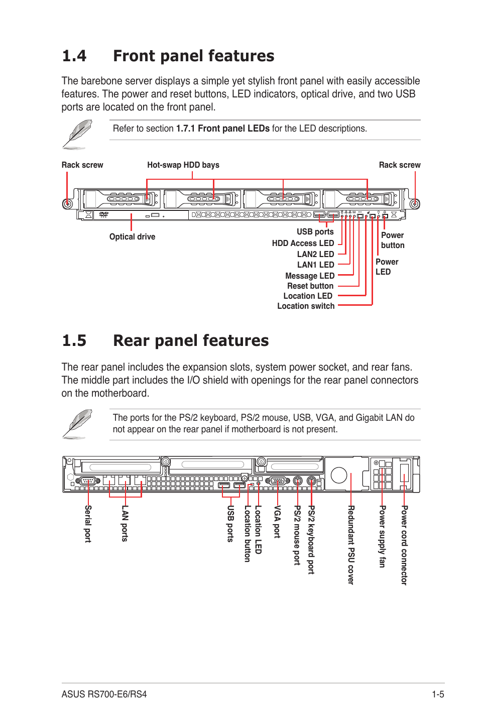 4 front panel features, 5 rear panel features, Front panel features -5 | Rear panel features -5 | Asus RS700-E6/RS4 User Manual | Page 15 / 138