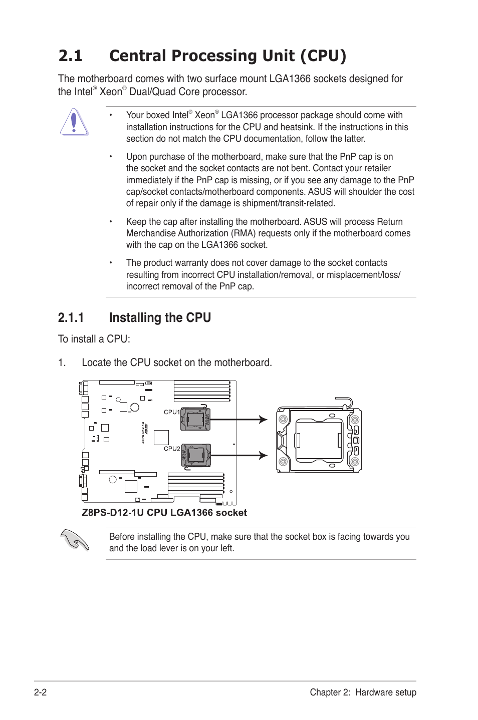 1 central processing unit (cpu), 1 installing the cpu, Central processing unit (cpu) -2 2.1.1 | Installing the cpu -2 | Asus RS700-E6/RS4 User Manual | Page 20 / 138