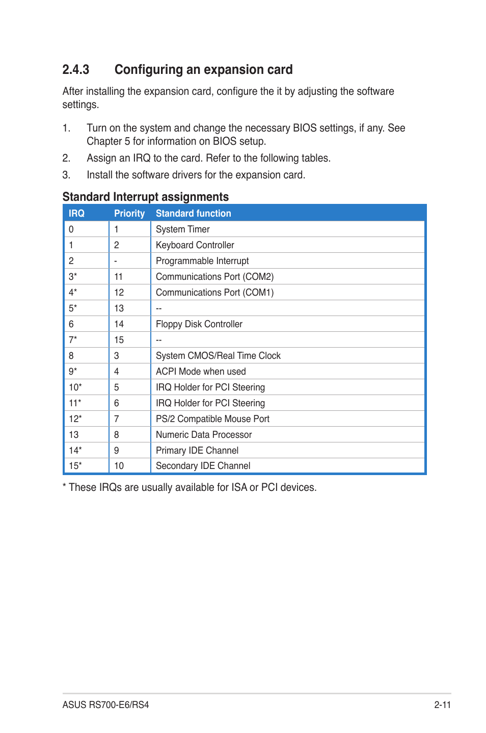 3 configuring an expansion card, Configuring an expansion card -11, Standard interrupt assignments | Asus RS700-E6/RS4 User Manual | Page 29 / 138