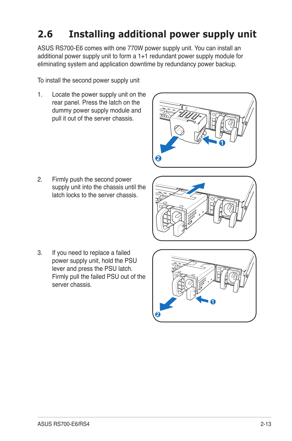 6 installing additional power supply unit, Installing additional power supply unit -13 | Asus RS700-E6/RS4 User Manual | Page 31 / 138