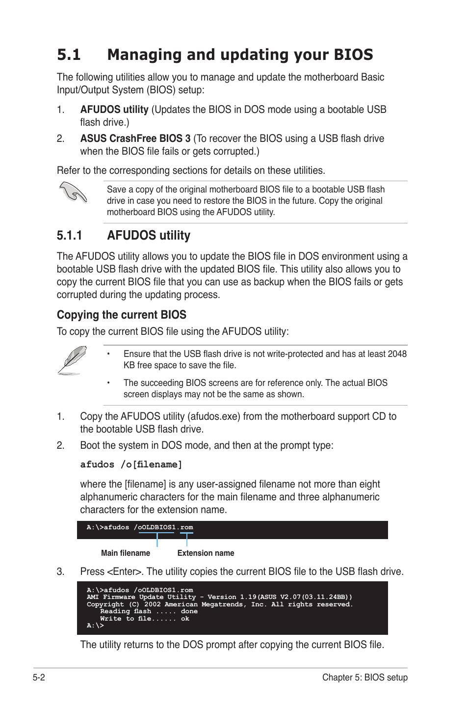 1 managing and updating your bios, 1 afudos utility, Managing and updating your bios -2 5.1.1 | Afudos utility -2, Copying the current bios | Asus RS700-E6/RS4 User Manual | Page 50 / 138