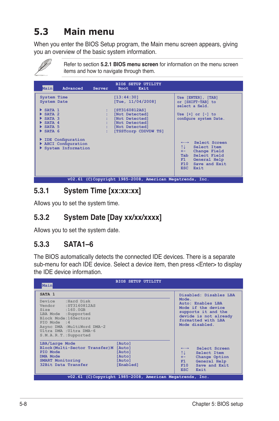 3 main menu, 1 system time [xx:xx:xx, 2 system date [day xx/xx/xxxx | 3 sata1–6, Main menu -8 5.3.1, System time -8, System date -8, Sata1–6 -8, Allows you to set the system time, Allows you to set the system date | Asus RS700-E6/RS4 User Manual | Page 56 / 138