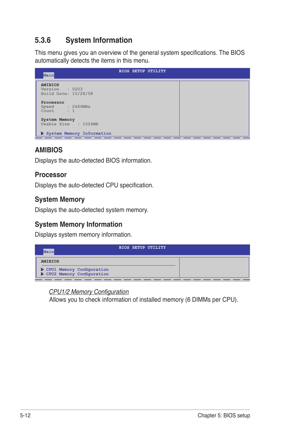 6 system information, System information -12, Amibios | Processor | Asus RS700-E6/RS4 User Manual | Page 60 / 138