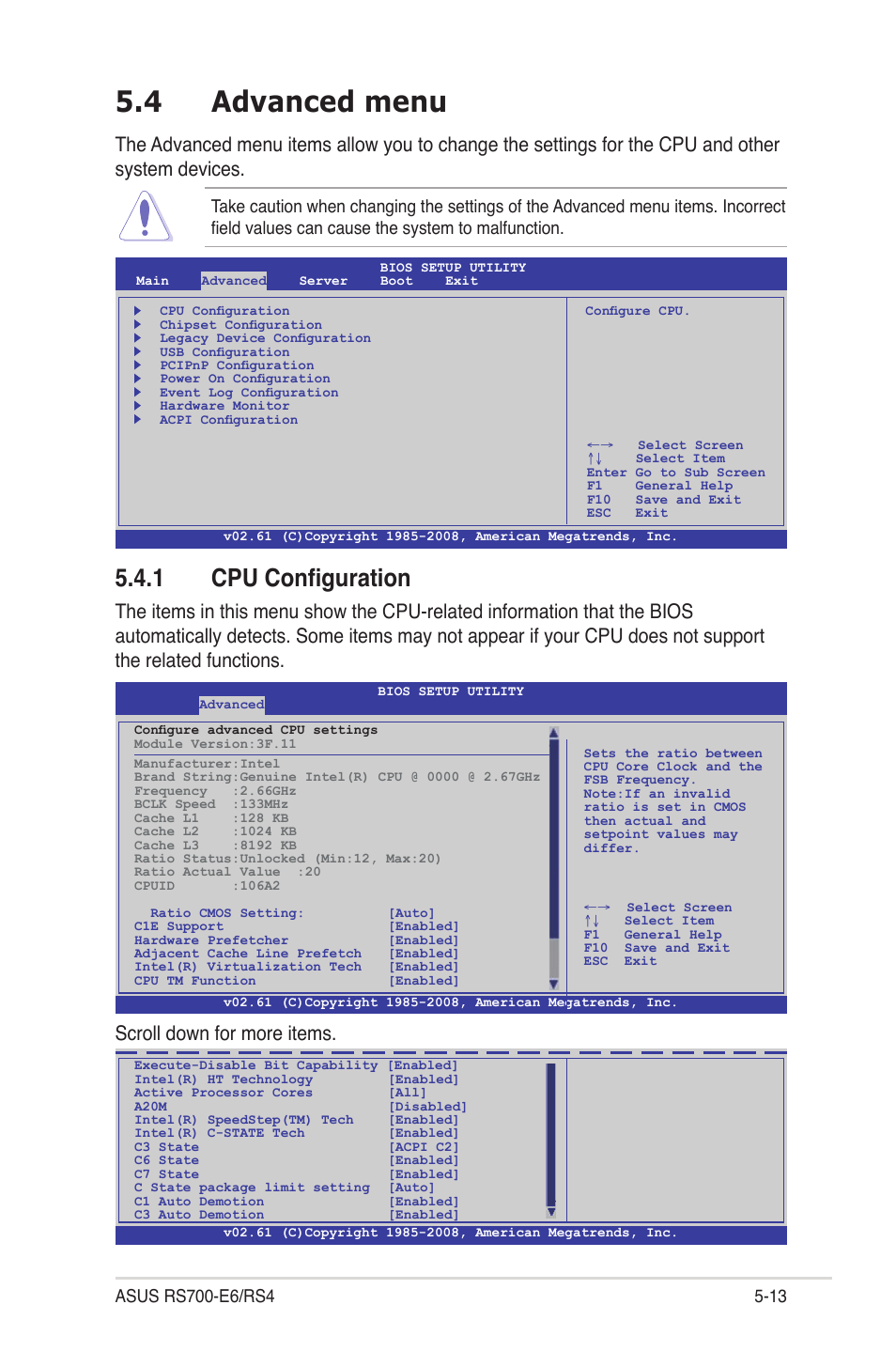 4 advanced menu, 1 cpu configuration, Advanced menu -13 5.4.1 | Cpu configuration -13, Scroll down for more items | Asus RS700-E6/RS4 User Manual | Page 61 / 138