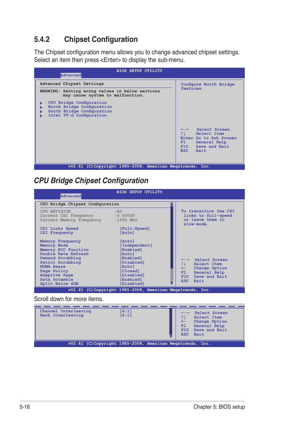 2 chipset configuration, Chipset configuration -16, Cpu bridge chipset configuration | Scroll down for more items, 16 chapter 5: bios setup | Asus RS700-E6/RS4 User Manual | Page 64 / 138