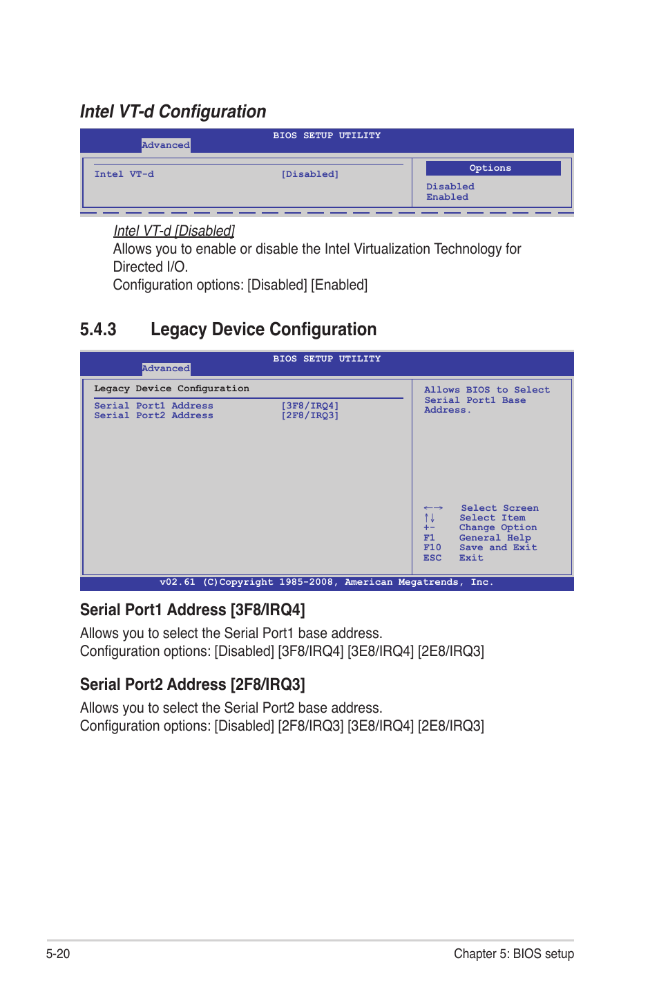 3 legacy device configuration, Legacy device configuration -20, Intel vt-d configuration | Serial port1 address [3f8/irq4, Serial port2 address [2f8/irq3 | Asus RS700-E6/RS4 User Manual | Page 68 / 138