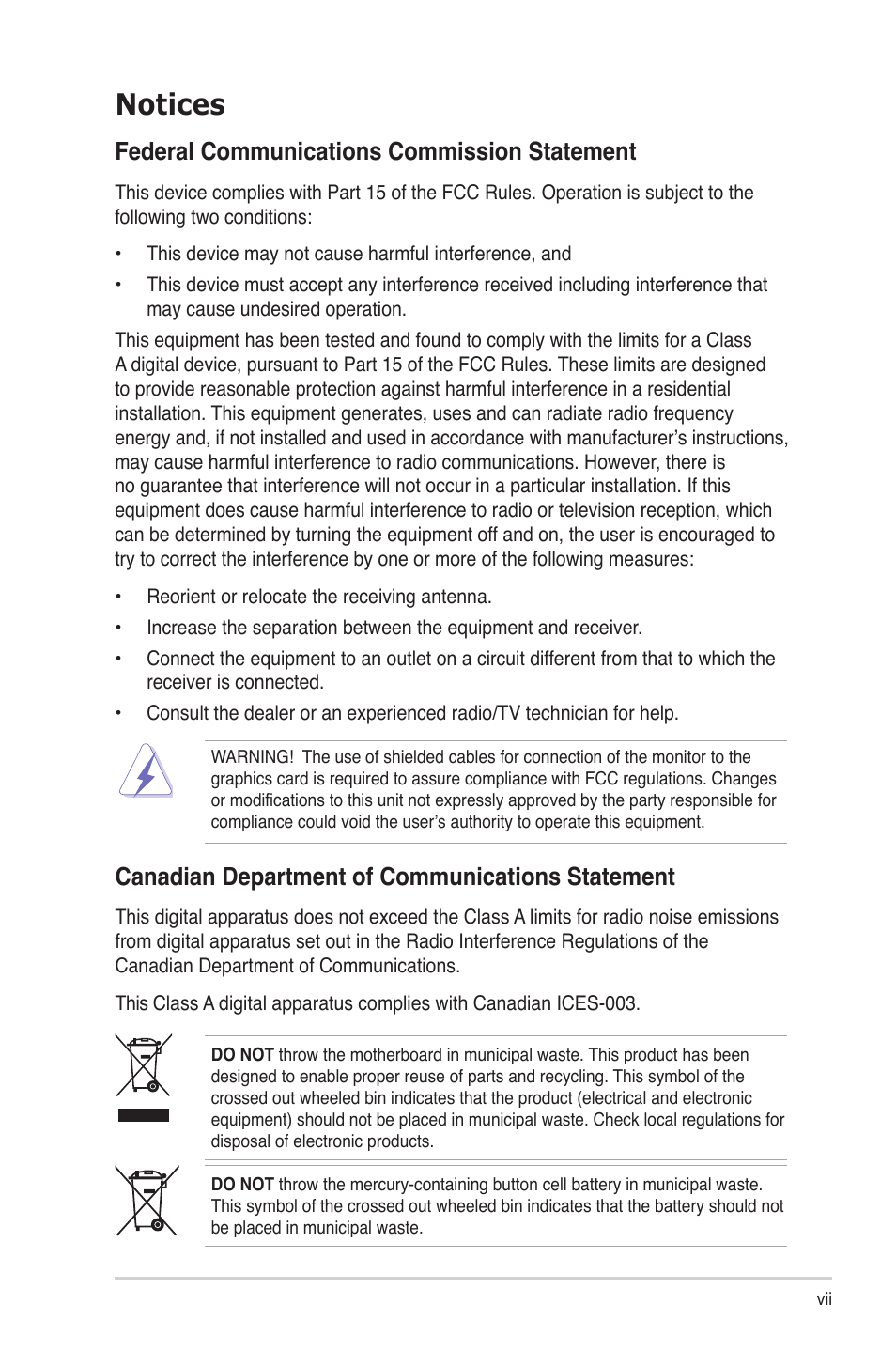 Notices, Federal communications commission statement, Canadian department of communications statement | Asus RS700-E6/RS4 User Manual | Page 7 / 138