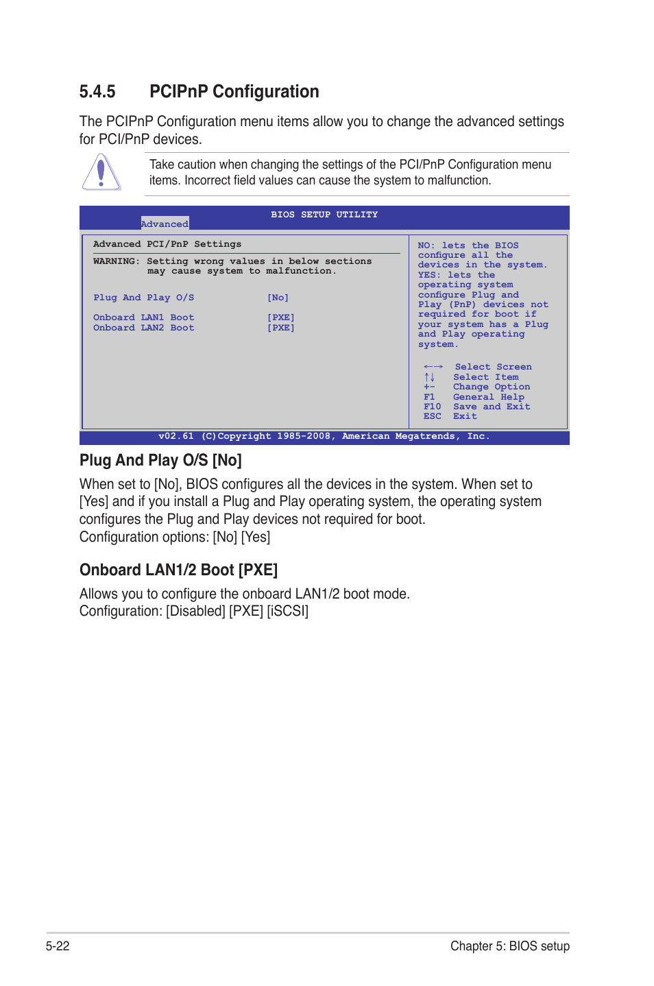 5 pcipnp configuration, Pcipnp configuration -22, Plug and play o/s [no | Onboard lan1/2 boot [pxe | Asus RS700-E6/RS4 User Manual | Page 70 / 138